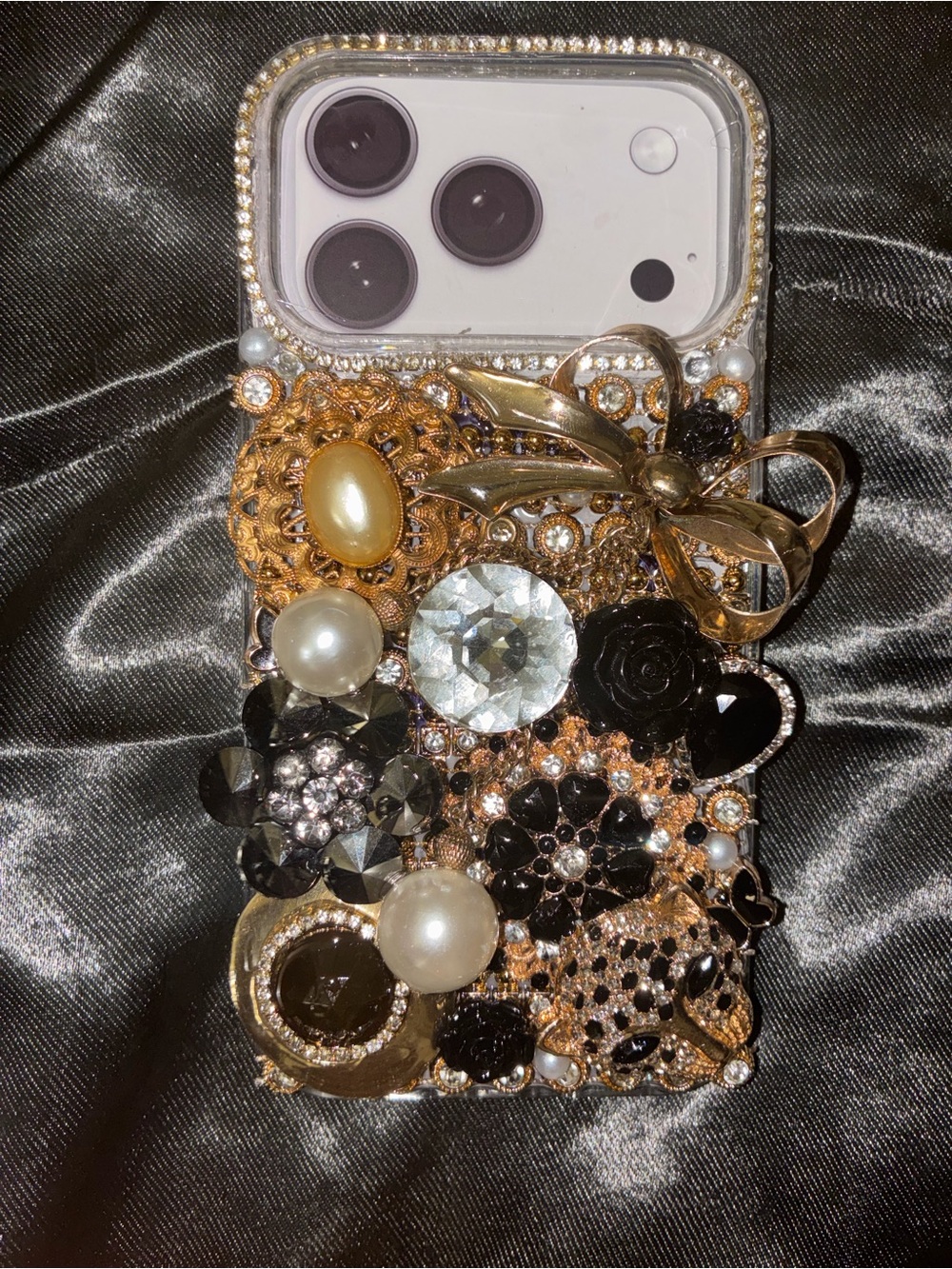 iPhone White Gemstone & Gold Decorative Case